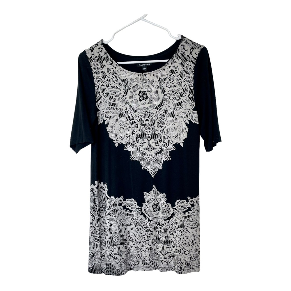 Cha Cha Vente Womens Top Short Sleeve Lace Print Black White M